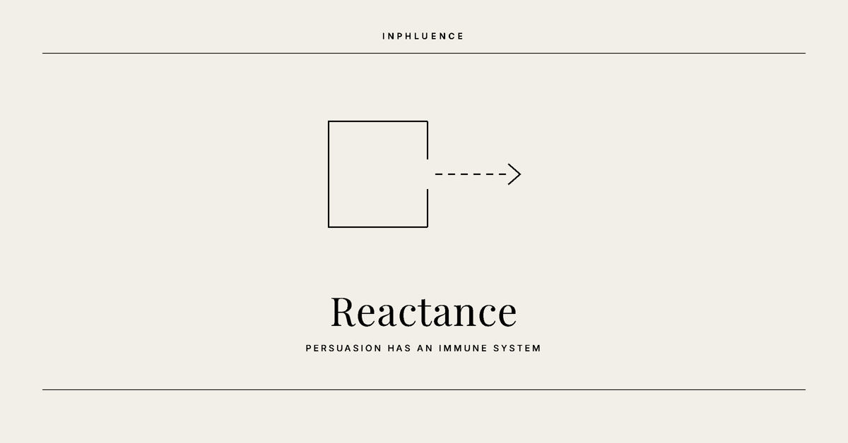 Minimal black-on-cream line illustration of a three-sided enclosure left open on one side, with a dashed arrow leading out through the gap, above the word Reactance.