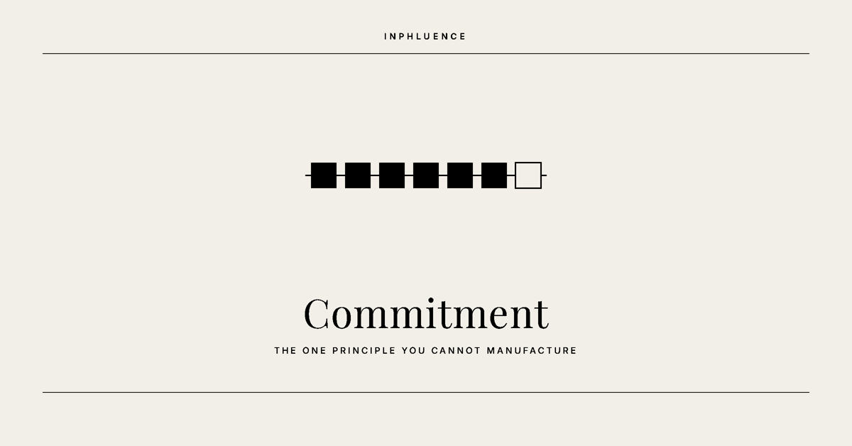 Minimal black-on-cream illustration of a thin horizontal rule interrupted by seven squares, six solid and the last one left open, above the word Commitment.